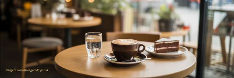 Café e sobremesa em restaurante de clube — pausa saborosa após as atividades esportivas